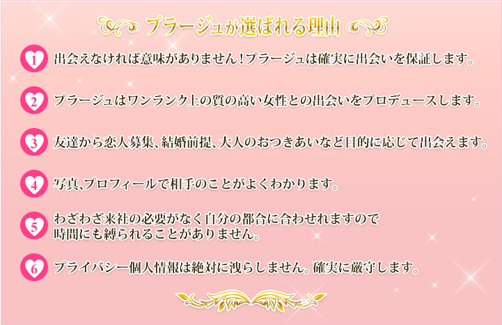 プラージュは、友達から恋人募集、結婚前提、大人のおつきあいなど目的に応じて出会えます。